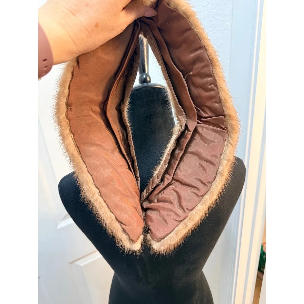 Vintage Honey Blonde Mink Fur Collar‎ Genuine Fur Scarf Wrap Brown Satin Lined